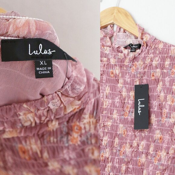 NEW Lulu's Sophisticated Blossom Mauve Pink Floral Mesh Smocked Mock Neck Top XL - Picture 7 of 15